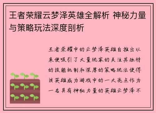 王者荣耀云梦泽英雄全解析 神秘力量与策略玩法深度剖析